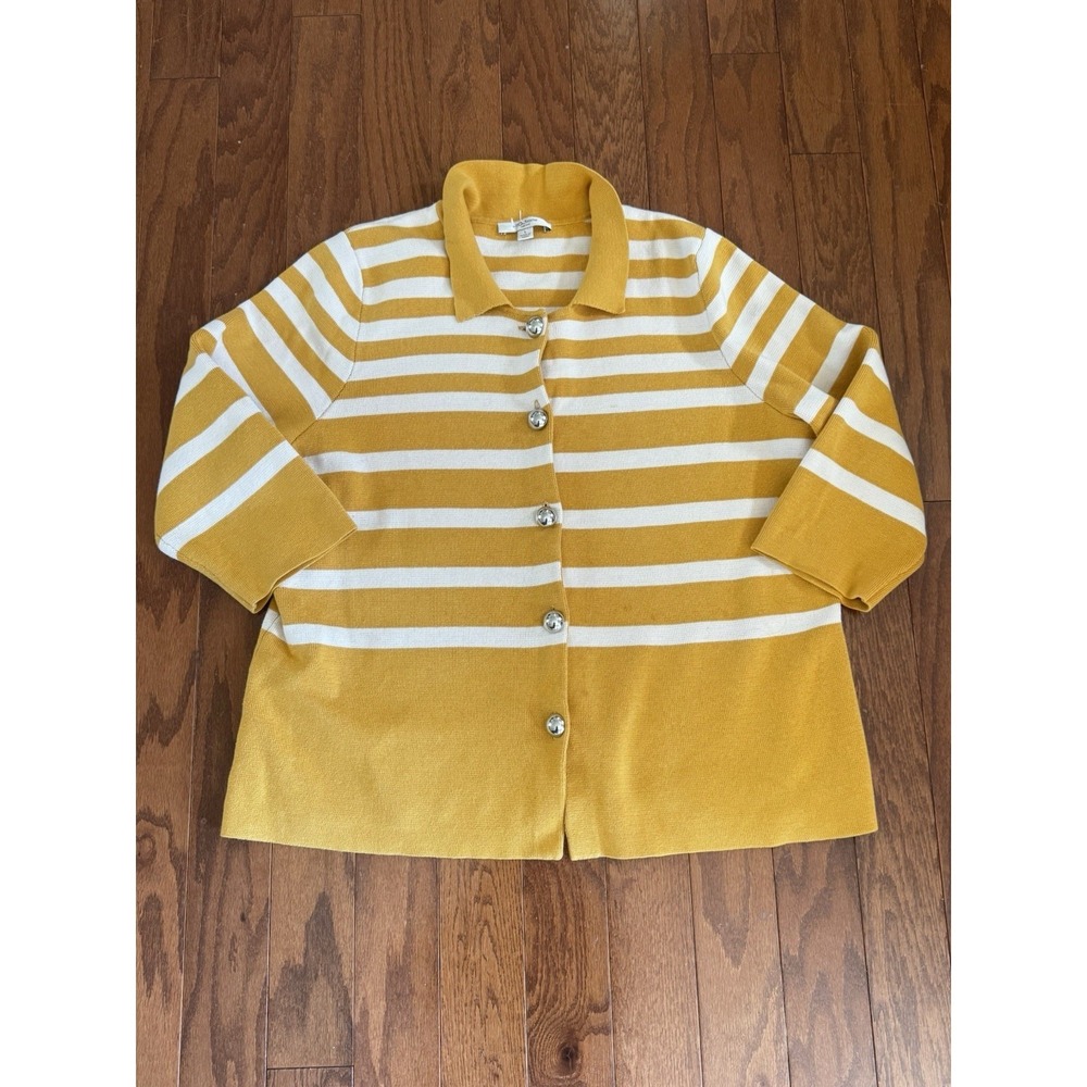 Liz Claiborne Cardigan Womens L Mustard Stripe Button Front Heavy Knit Preppy‎